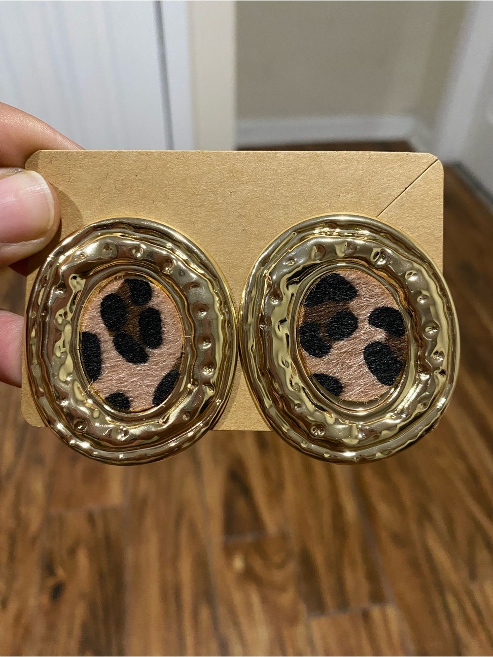 Leopard Print Gold Oval Statement Earrings - Women Jewelry